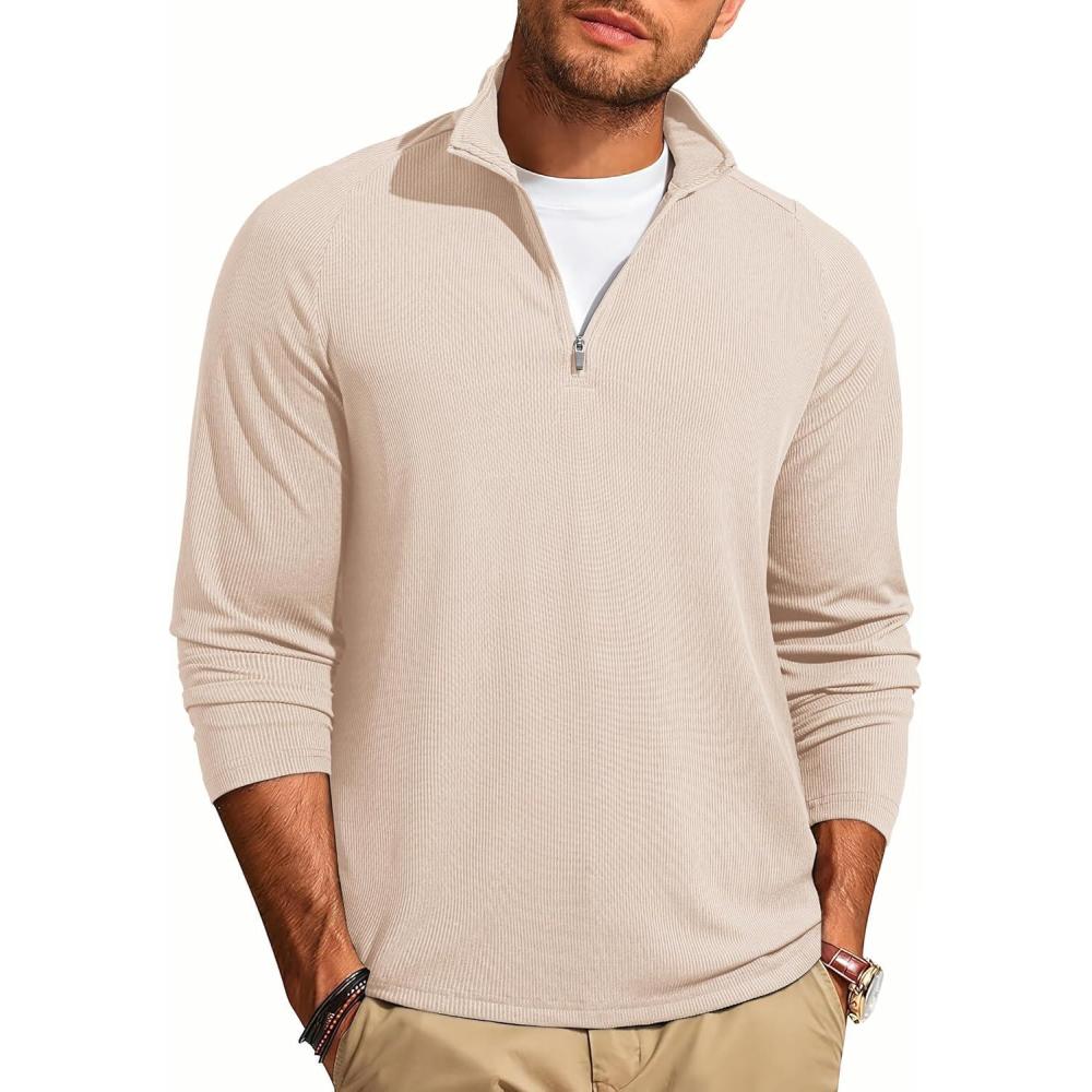 imageJMIERR Mens Quarter Zip Shirt Casual Quick Dry Moisture Wicking Long Sleeve Ribbed Athletic Workout Pullover TeeA Parchment