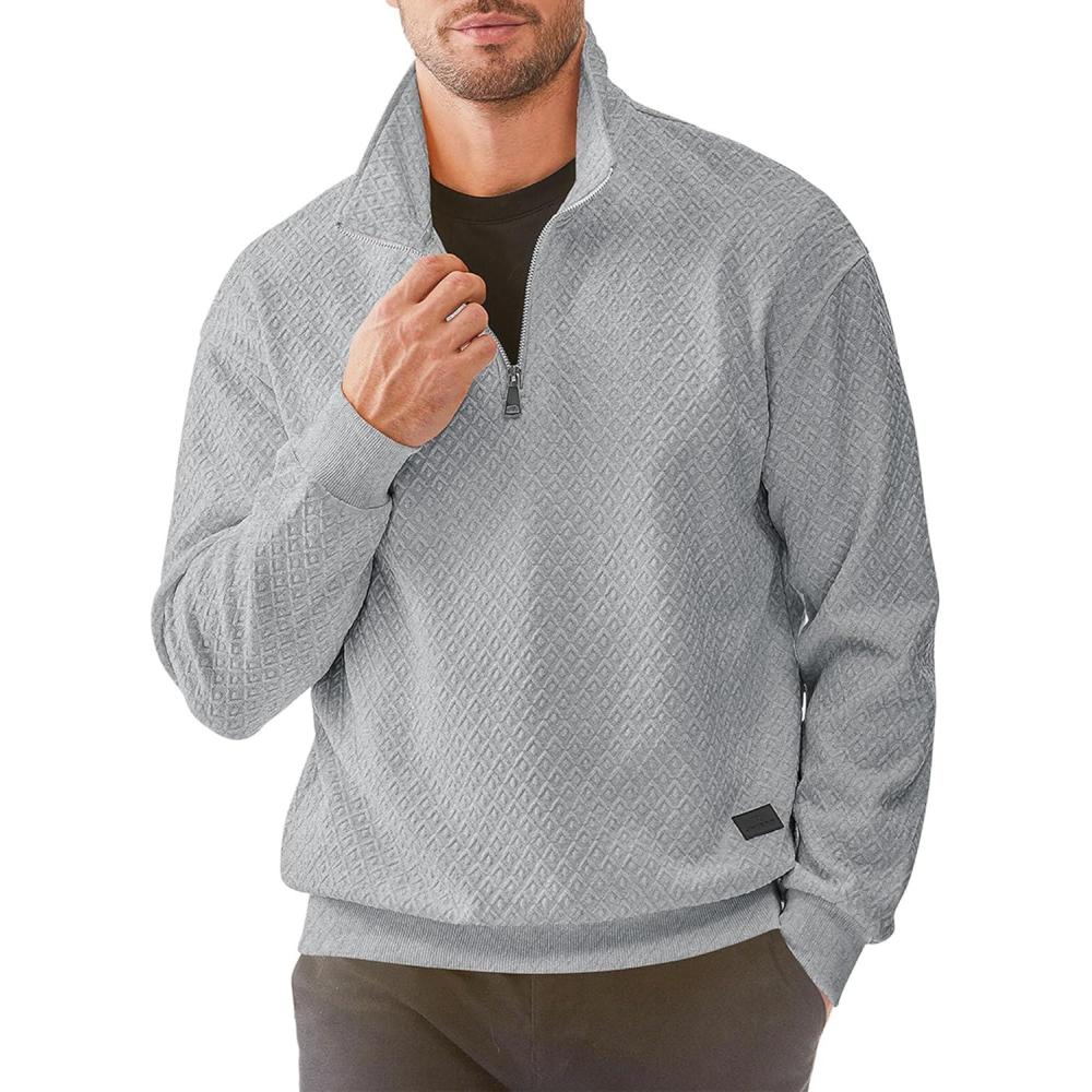 imageJMIERR Mens Quarter Zip Waffle Sweatshirts Casual Long Sleeve Solid Color Geometric Texture Pullover Knit Polo SweatshirtLight Grey