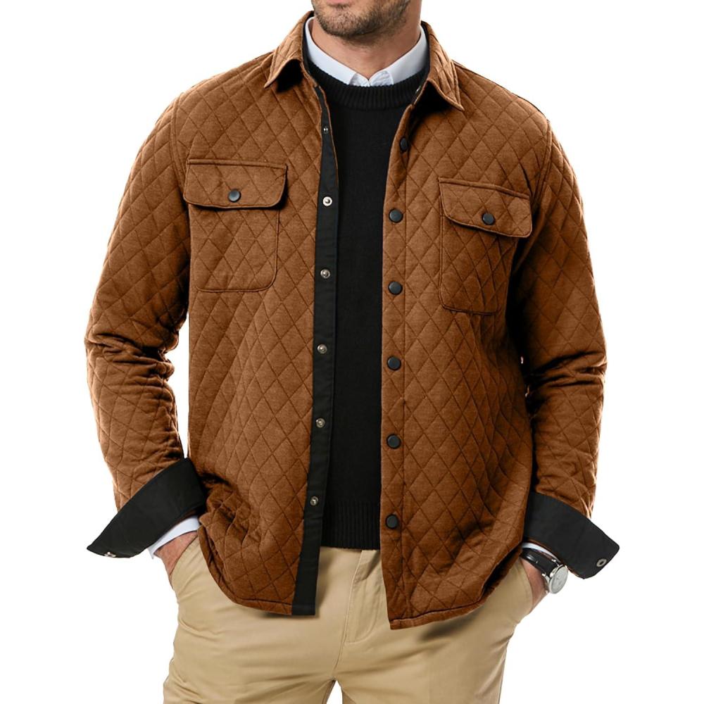 imageJMIERR Mens Quilted Shirt Jackets Casual Long Sleeve Snap Button Down Shirts with PocketsA Camel