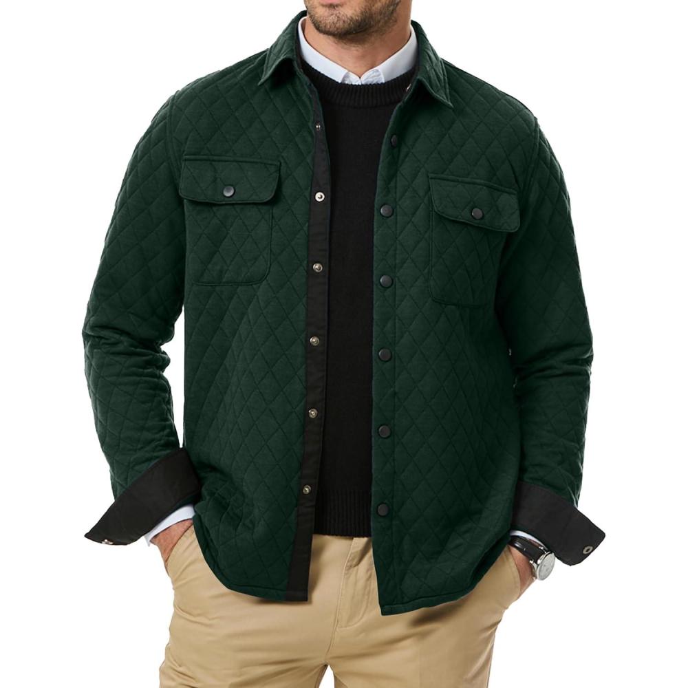 imageJMIERR Mens Quilted Shirt Jackets Casual Long Sleeve Snap Button Down Shirts with PocketsA Green