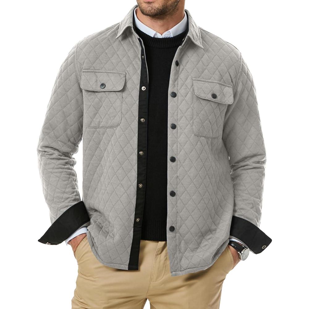 imageJMIERR Mens Quilted Shirt Jackets Casual Long Sleeve Snap Button Down Shirts with PocketsA Light Grey