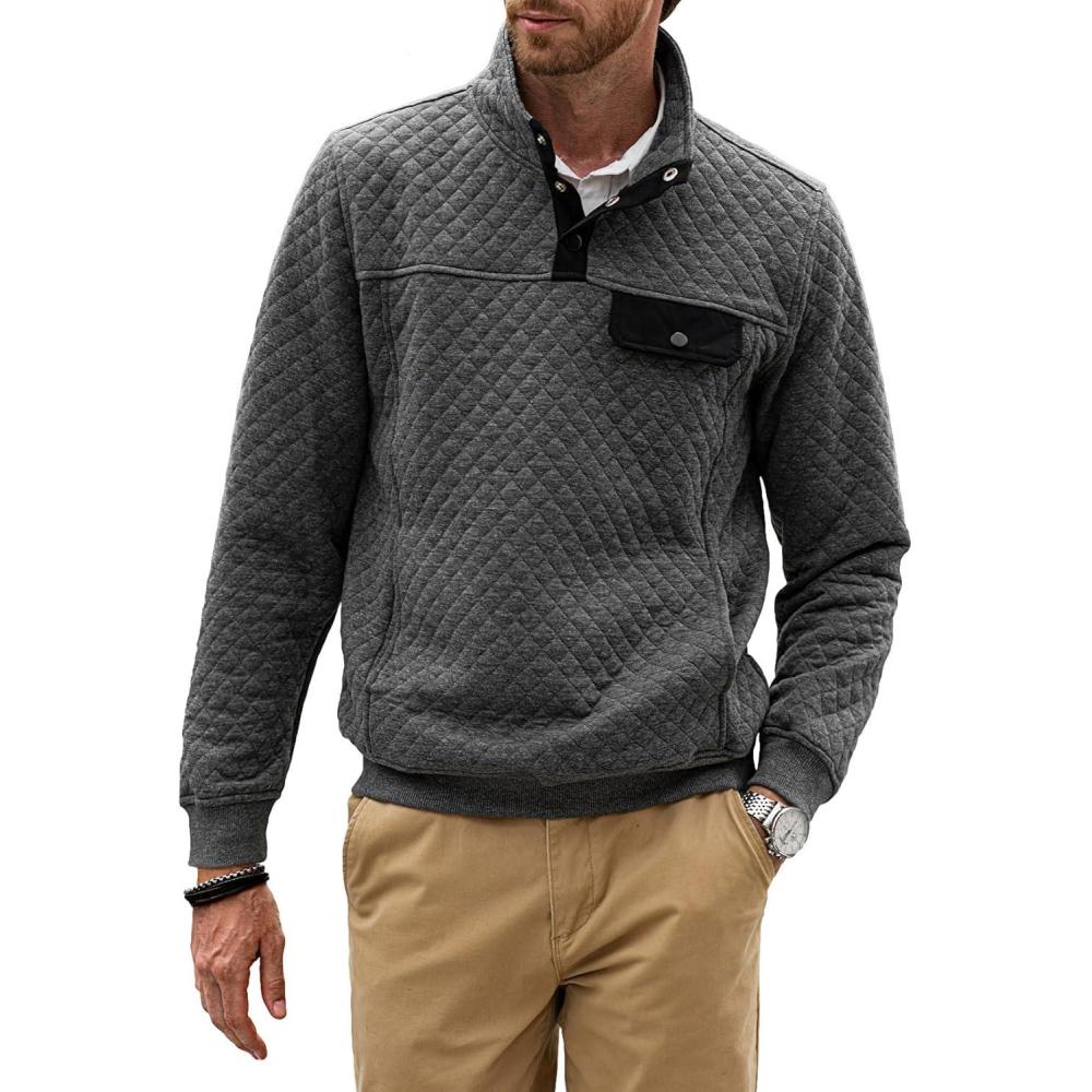 imageJMIERR Mens Quilted Sweatshirt Casual Long Sleeve Outdoor Stand Collar Button Pullover SweatshirtsA Grey