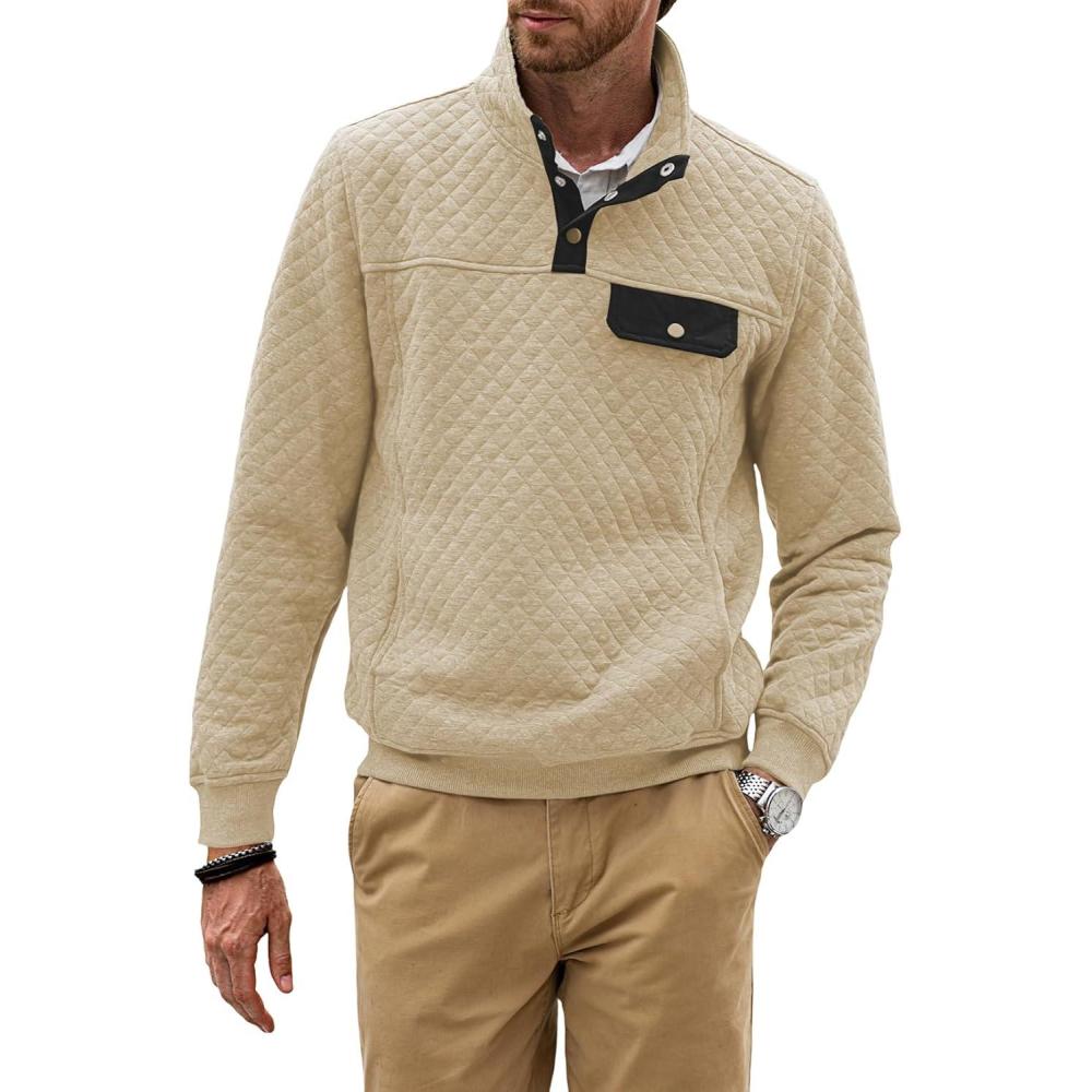 imageJMIERR Mens Quilted Sweatshirt Casual Long Sleeve Outdoor Stand Collar Button Pullover SweatshirtsD Apricot