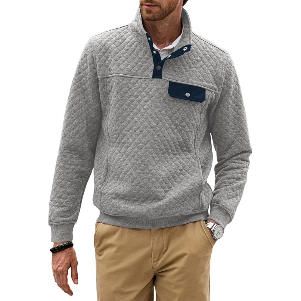 imageJMIERR Mens Quilted Sweatshirt Casual Long Sleeve Outdoor Stand Collar Button Pullover SweatshirtsD Light Grey