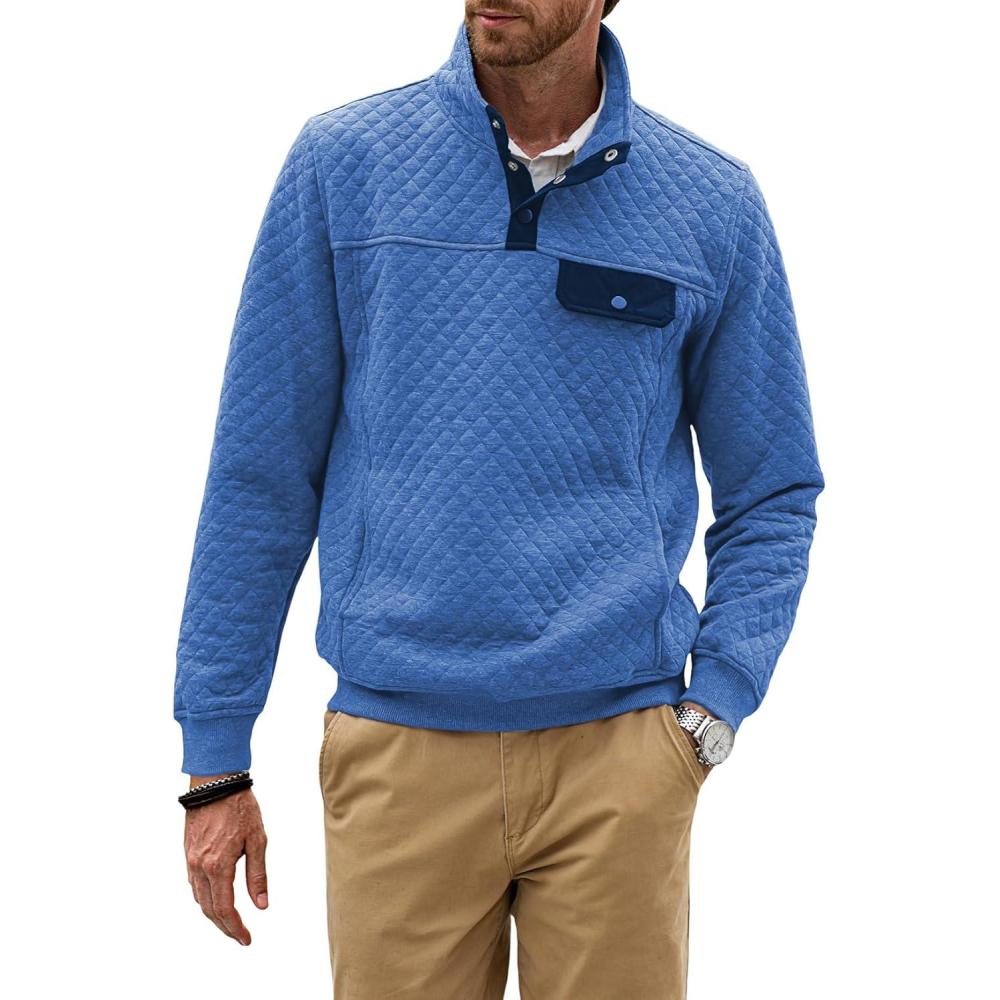 imageJMIERR Mens Quilted Sweatshirt Casual Long Sleeve Outdoor Stand Collar Button Pullover SweatshirtsD Sky Blue