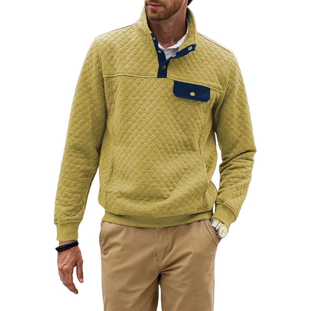 imageJMIERR Mens Quilted Sweatshirt Casual Long Sleeve Outdoor Stand Collar Button Pullover SweatshirtsZ Beige