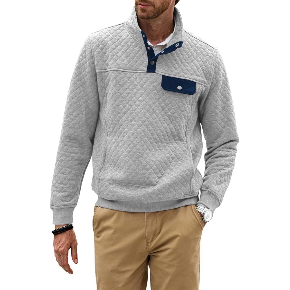 imageJMIERR Mens Quilted Sweatshirt Casual Long Sleeve Outdoor Stand Collar Button Pullover SweatshirtsZ Light Grey