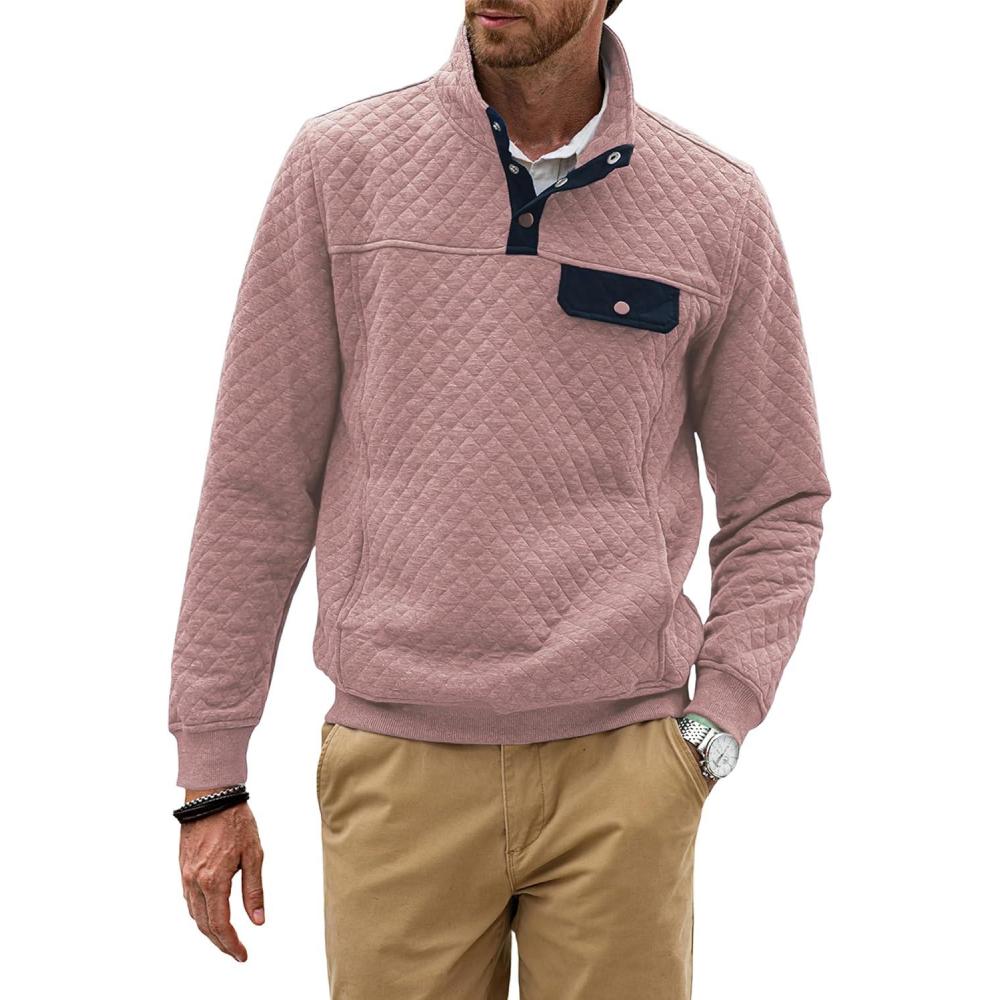 imageJMIERR Mens Quilted Sweatshirt Casual Long Sleeve Outdoor Stand Collar Button Pullover SweatshirtsZ Pink