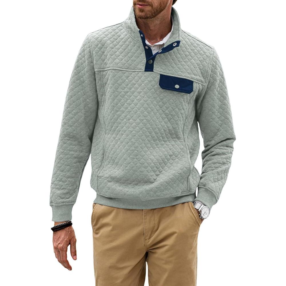 imageJMIERR Mens Quilted Sweatshirt Casual Long Sleeve Outdoor Stand Collar Button Pullover SweatshirtsZ Sage Green