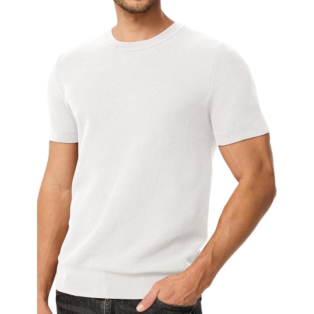 imageJMIERR Mens TShirts Casual Knit Short Sleeve Cotton Crewneck Solid Honeycomb Knitted Pullover Tees0 White
