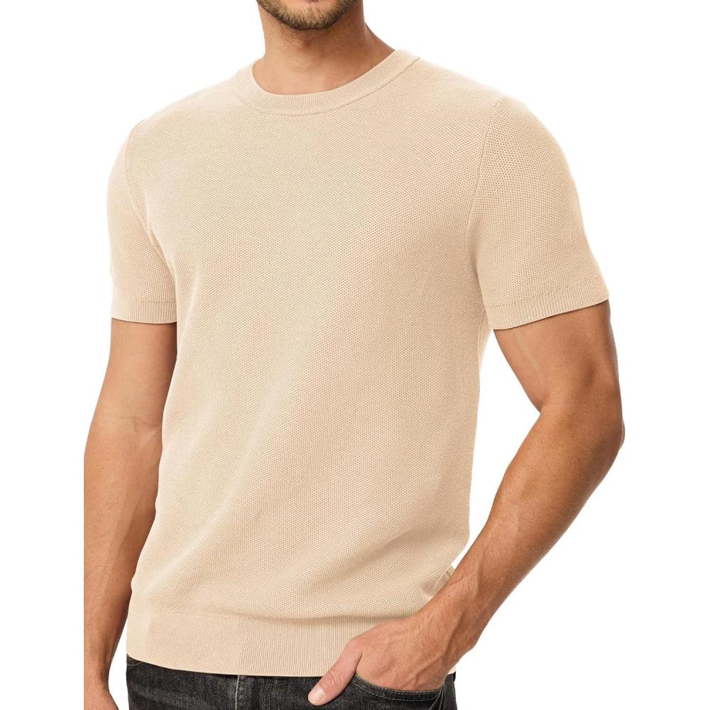 imageJMIERR Mens TShirts Casual Knit Short Sleeve Cotton Crewneck Solid Honeycomb Knitted Pullover TeesBeige