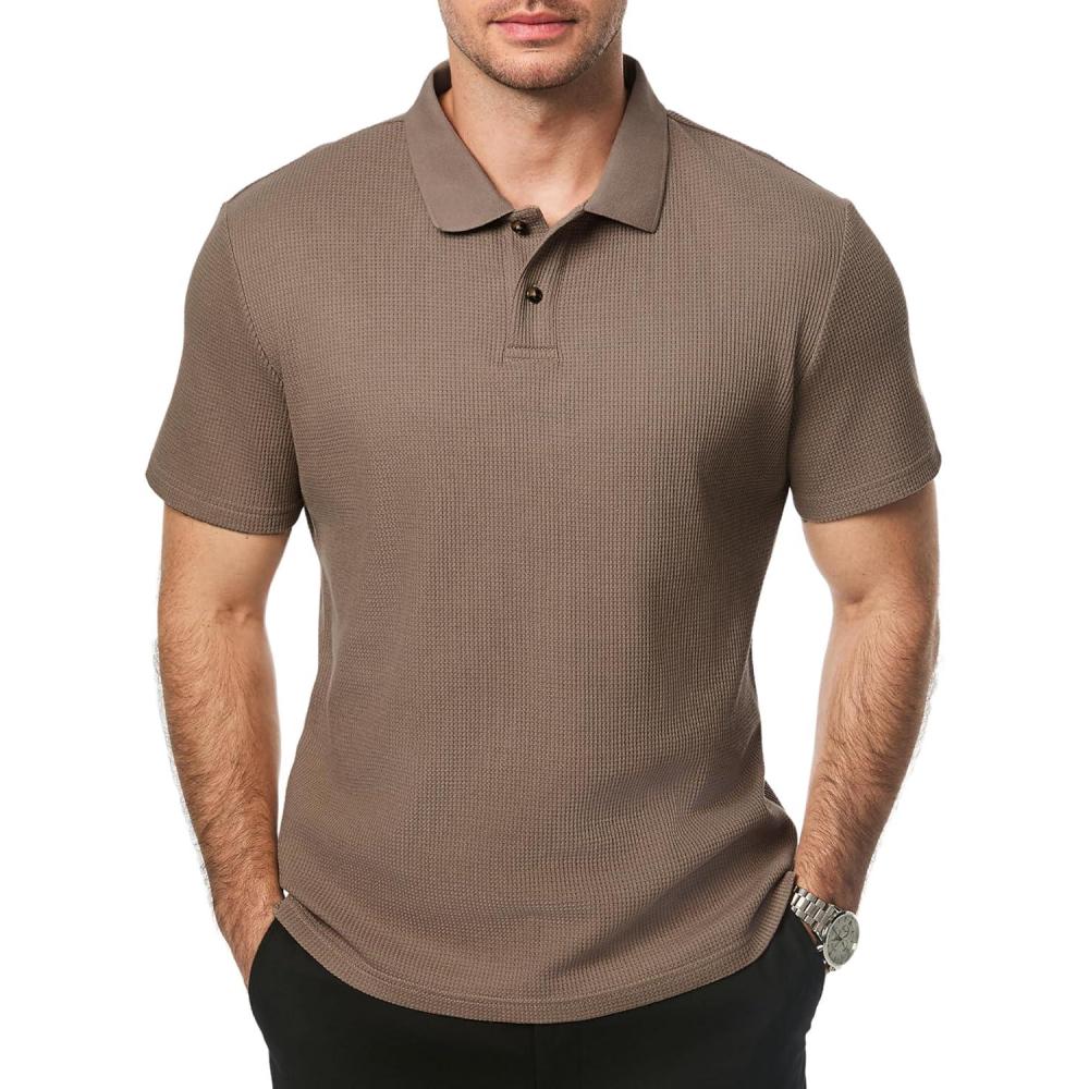 imageJMIERR Mens Waffle Polo Shirts Summer Casual Short Sleeve TShirt Button Up Solid Color Henley ShirtsBrown