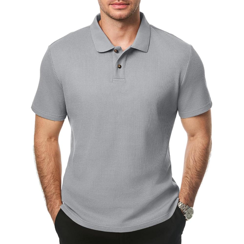 imageJMIERR Mens Waffle Polo Shirts Summer Casual Short Sleeve TShirt Button Up Solid Color Henley ShirtsGrey