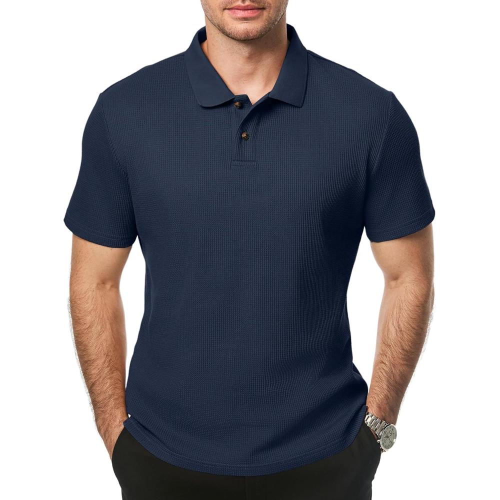 imageJMIERR Mens Waffle Polo Shirts Summer Casual Short Sleeve TShirt Button Up Solid Color Henley ShirtsNavy Blue