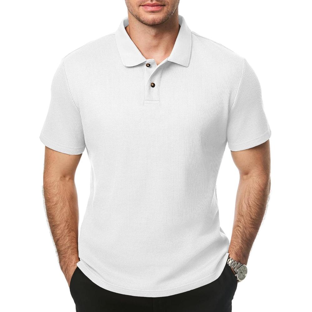 imageJMIERR Mens Waffle Polo Shirts Summer Casual Short Sleeve TShirt Button Up Solid Color Henley ShirtsWhite