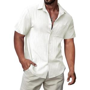JMIERR Hawaiian Shirt for Men Button Down Short Sleeve Shirts Textured Casual Summer Beach Linen Shirts(01 White)