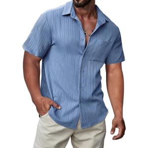 JMIERR Hawaiian Shirt for Men Button Down Short Sleeve Shirts Textured Casual Summer Beach Linen Shirts(03 Sky Blue)