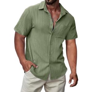 JMIERR Hawaiian Shirt for Men Button Down Short Sleeve Shirts Textured Casual Summer Beach Linen Shirts(04 Olive Green)