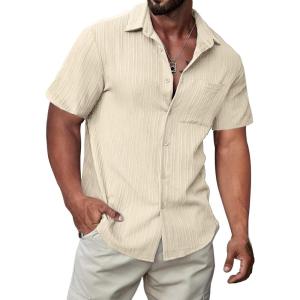 JMIERR Hawaiian Shirt for Men Button Down Short Sleeve Shirts Textured Casual Summer Beach Linen Shirts(A Apricot)