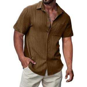 JMIERR Hawaiian Shirt for Men Button Down Short Sleeve Shirts Textured Casual Summer Beach Linen Shirts(B Brown)