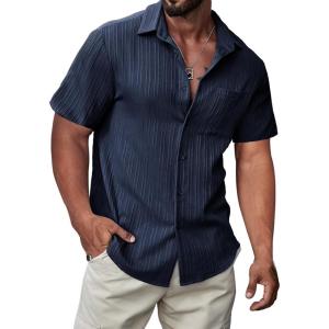 JMIERR Hawaiian Shirt for Men Button Down Short Sleeve Shirts Textured Casual Summer Beach Linen Shirts(B Dark Blue)