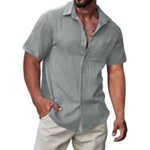 JMIERR Hawaiian Shirt for Men Button Down Short Sleeve Shirts Textured Casual Summer Beach Linen Shirts(B Grey)