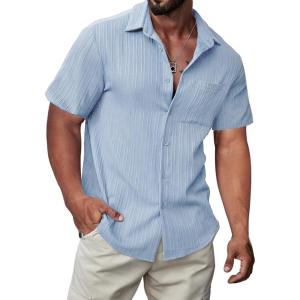 JMIERR Hawaiian Shirt for Men Button Down Short Sleeve Shirts Textured Casual Summer Beach Linen Shirts(B Light Blue)