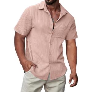 JMIERR Hawaiian Shirt for Men Button Down Short Sleeve Shirts Textured Casual Summer Beach Linen Shirts(B Pink)
