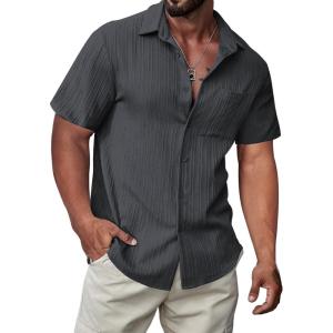 JMIERR Hawaiian Shirt for Men Button Down Short Sleeve Shirts Textured Casual Summer Beach Linen Shirts(Dark Grey)