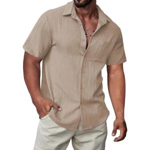 JMIERR Hawaiian Shirt for Men Button Down Short Sleeve Shirts Textured Casual Summer Beach Linen Shirts(Light Khaki)