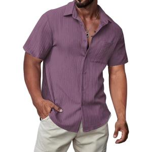 JMIERR Hawaiian Shirt for Men Button Down Short Sleeve Shirts Textured Casual Summer Beach Linen Shirts(Purple)