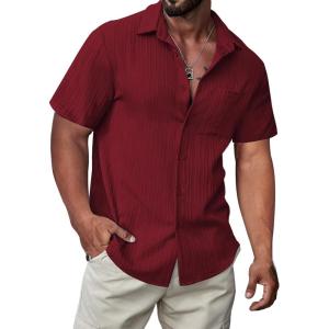 JMIERR Hawaiian Shirt for Men Button Down Short Sleeve Shirts Textured Casual Summer Beach Linen Shirts(Red)
