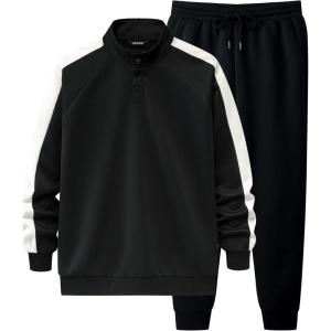 JMIERR Men’s 2 Piece Casual Outfits Quarter Button Lightweight Sweatshirt Tracksuit & Joggers Sweatpants Sweatsuit Set(Black)