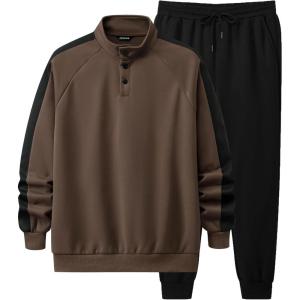 JMIERR Men’s 2 Piece Casual Outfits Quarter Button Lightweight Sweatshirt Tracksuit & Joggers Sweatpants Sweatsuit Set(Brown)