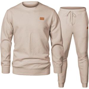 JMIERR Men’s 2 Piece Outfits Knit Jacquard Pullover Sweatshirt Tracksuit & Joggers Sweatpants Sweatsuit Sets with Pockets(Beige)