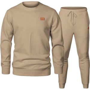 JMIERR Men’s 2 Piece Outfits Knit Jacquard Pullover Sweatshirt Tracksuit & Joggers Sweatpants Sweatsuit Sets with Pockets(Khaki)