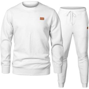 JMIERR Men’s 2 Piece Outfits Knit Jacquard Pullover Sweatshirt Tracksuit & Joggers Sweatpants Sweatsuit Sets with Pockets(White)