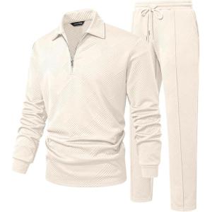 JMIERR Men’s 2 Piece Outfits Quarter Zipper Polo Shirt Tracksuit & Joggers Sweatpants Sweatsuit Sets Jacquard(Apricot)