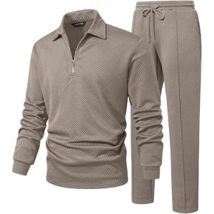 JMIERR Men’s 2 Piece Outfits Quarter Zipper Polo Shirt Tracksuit & Joggers Sweatpants Sweatsuit Sets Jacquard(Beige)