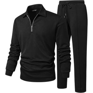 JMIERR Men’s 2 Piece Outfits Quarter Zipper Polo Shirt Tracksuit & Joggers Sweatpants Sweatsuit Sets Jacquard(Black)