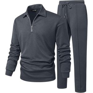 JMIERR Men’s 2 Piece Outfits Quarter Zipper Polo Shirt Tracksuit & Joggers Sweatpants Sweatsuit Sets Jacquard(Dark Grey)