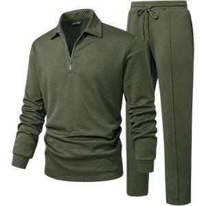 JMIERR Men’s 2 Piece Outfits Quarter Zipper Polo Shirt Tracksuit & Joggers Sweatpants Sweatsuit Sets Jacquard(Green)