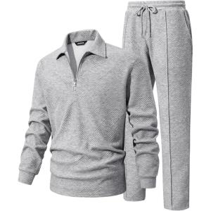 JMIERR Men’s 2 Piece Outfits Quarter Zipper Polo Shirt Tracksuit & Joggers Sweatpants Sweatsuit Sets Jacquard(Grey)