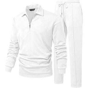 JMIERR Men’s 2 Piece Outfits Quarter Zipper Polo Shirt Tracksuit & Joggers Sweatpants Sweatsuit Sets Jacquard(White)