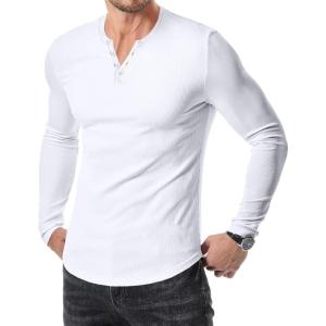 JMIERR Mens 2025 Fall Fashion Casual Henley Shirt Long Sleeve Slim Fitted Shirts Curved Hem for Athletic Gym Workout(0 White)