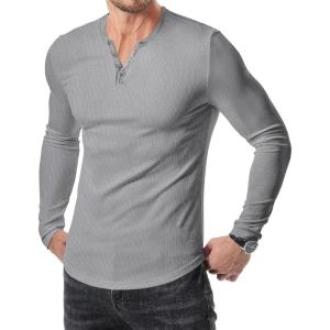 JMIERR Mens 2025 Fall Fashion Casual Henley Shirt Long Sleeve Slim Fitted Shirts Curved Hem for Athletic Gym Workout(A Grey)