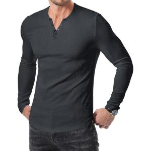 JMIERR Mens 2025 Fall Fashion Casual Henley Shirt Long Sleeve Slim Fitted Shirts Curved Hem for Athletic Gym Workout(B Grey)
