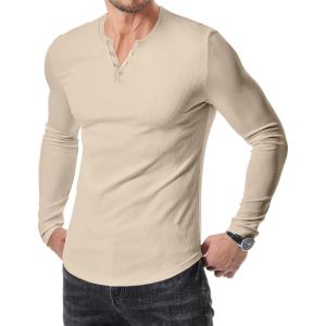 JMIERR Mens 2025 Fall Fashion Casual Henley Shirt Long Sleeve Slim Fitted Shirts Curved Hem for Athletic Gym Workout(C Beige)