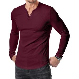 JMIERR Mens 2025 Fall Fashion Casual Henley Shirt Long Sleeve Slim Fitted Shirts Curved Hem for Athletic Gym Workout(C Red)