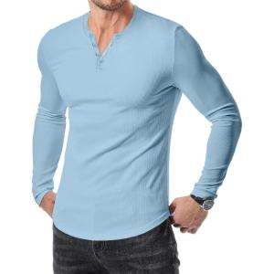 JMIERR Mens 2025 Fall Fashion Casual Henley Shirt Long Sleeve Slim Fitted Shirts Curved Hem for Athletic Gym Workout(D Blue 2)